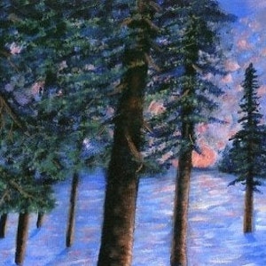 May include: A painting of a snowy forest scene with tall evergreen trees in the foreground and a pink and blue sky in the background.