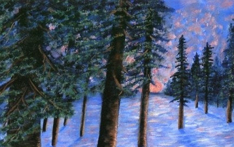 May include: A painting of a snowy forest scene with tall evergreen trees in the foreground and a pink and blue sky in the background.