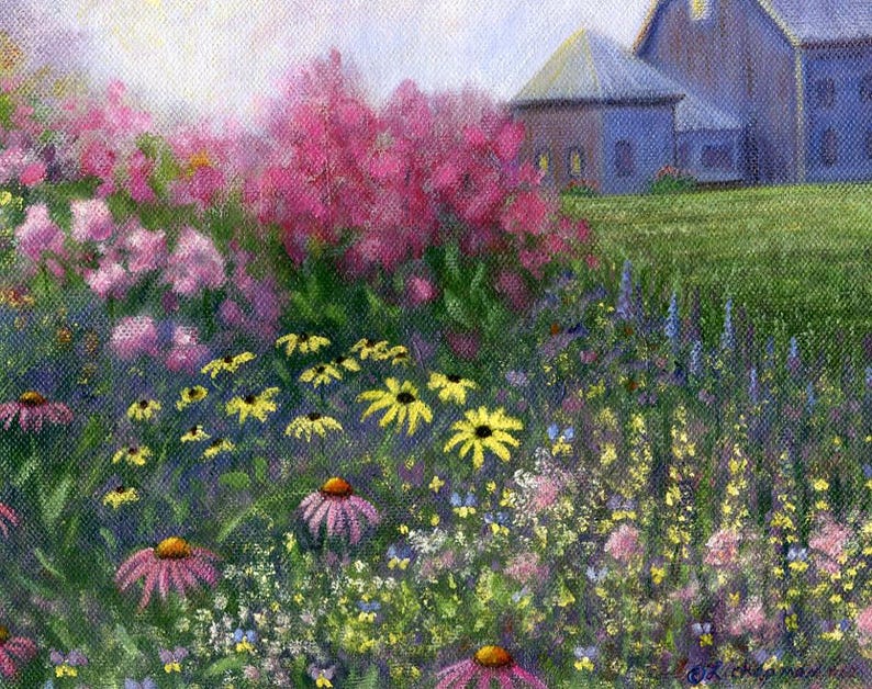 Impressionist Flower Garden Art Print – Maine Cottage Landscape immagine 1