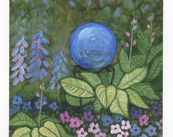 Blue Gazing Ball Art Print – Maine Cottage Garden - Pink And Blue Floral