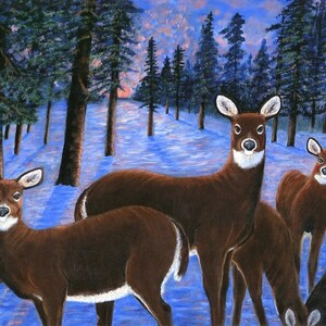 May include: Three brown deer stand in a snowy forest. The deer are facing the viewer, with their heads turned slightly to the side. The forest is filled with tall, dark green trees. The snow is a light blue color.