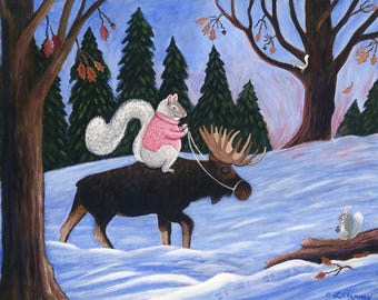 Funny Squirrel Riding Moose – Folk Art Print - Nursery Decor