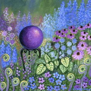 Gazing Ball Art Print - Purple Gazing Ball Art - Maine Garden Art Print - Gazing Ball Garden Art - Hostas And Gazing Ball Art - Cone Flowers