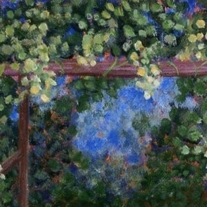 Puede incluir: Pintura impresionista de una escena de jard&iacute;n. Una p&eacute;rgola de madera est&aacute; cubierta de follaje verde y flores amarillas. Una peque&ntilde;a estructura marr&oacute;n con una ventana azul est&aacute; en el lado izquierdo de la pintura. El fondo es una mezcla de azul y verde.
