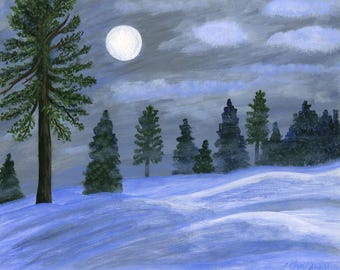 Maine Winter Forest Art Print – Misty Moonscape Painting