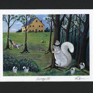 Funny Squirrel Art Print - Funny Animal Painting - Forest Art Print - Folk Art Print - Funny Woodland Art -  Archival Art - Funny Animal Art