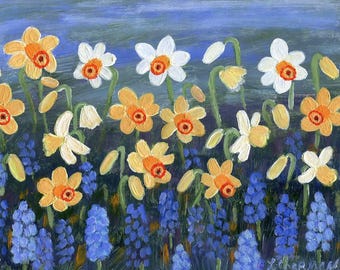 Daffodil Art – Blue and Yellow Flowers - Cottage Garden