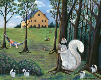 Funny Squirrel Art Print – "Incognito" Woodland Folk Art