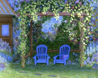 Maine Garden Art Print - Maine Blue Garden Art - Blue Chairs Art Print - Two Blue Chairs Art - Garden Chairs Art Print - Mother's Day Gift