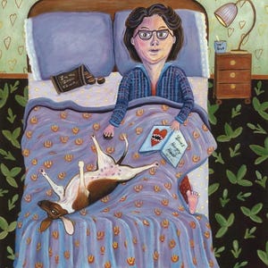 Funny Dog Art Print - Folk-art Woman and Pet Sharing The Bed
