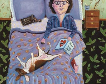 Funny Dog Art Print - Folk-art Woman and Pet Sharing The Bed