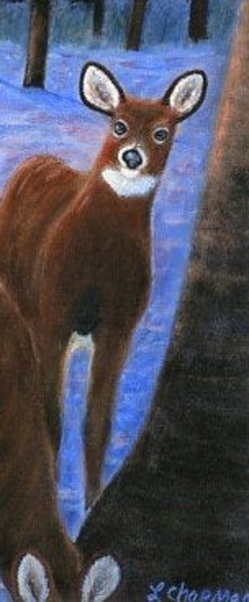 May include: A brown and white deer with large ears stands in a snowy forest. The deer is looking directly at the viewer. The background is a blurred blue and white.