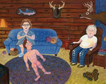 Funny Knitted Man Folk-Art Print - Crafty Crochet Lady - Cabin Decor