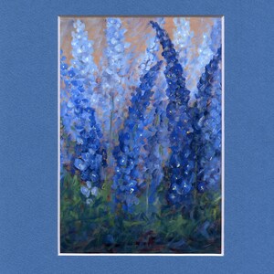 May include: A painting of a cluster of blue delphinium flowers with a soft, blurred background.