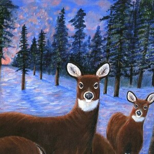 May include: Two brown deer standing in a snowy forest with a blue sky and pink clouds in the background. The deer are looking at the viewer. The deer are in a snowy forest with tall pine trees.