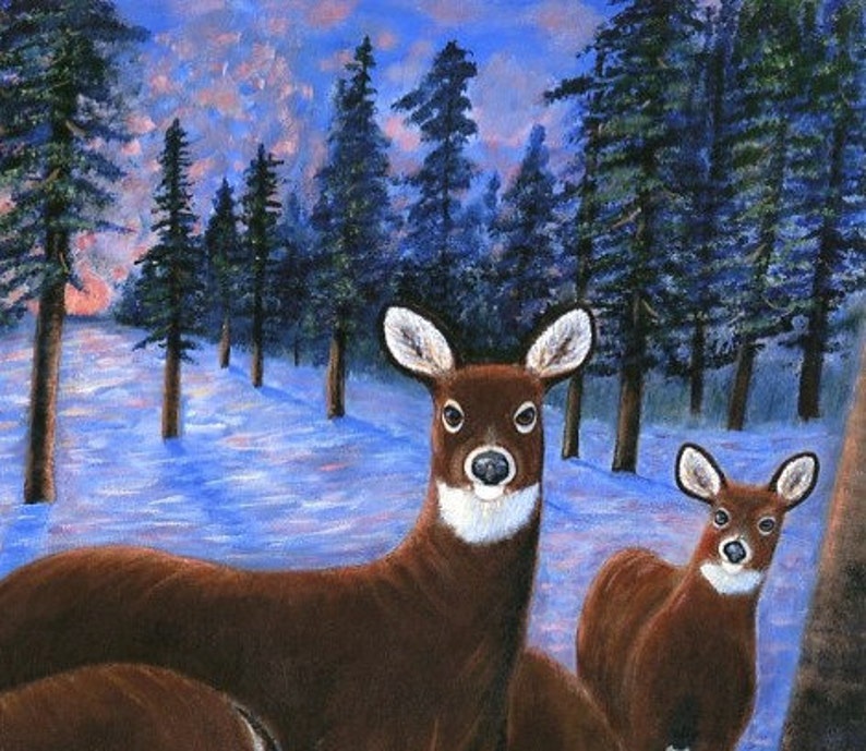 May include: Two brown deer standing in a snowy forest with a blue sky and pink clouds in the background. The deer are looking at the viewer. The deer are in a snowy forest with tall pine trees.