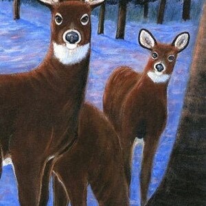 May include: Two brown deer standing in a snowy forest setting. The deer are facing the viewer, with the larger deer in the foreground and the smaller deer behind it. The deer have white markings on their faces and necks. The background is a blurry blue and white.