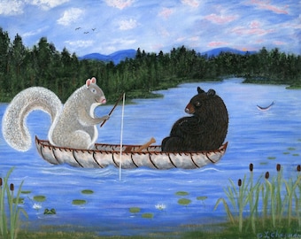 Funny Fishing Bear and Squirrel Art Print – Maine Folk Art