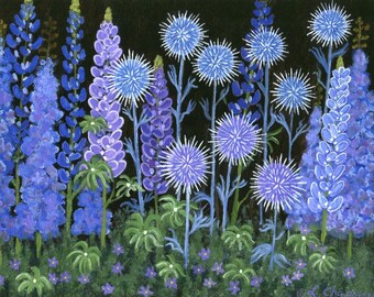 Blue lupines art - Globe thistle print - Modern blue flower design