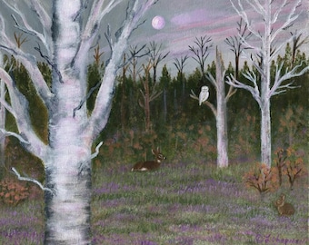 Birch Tree Art - Maine Forest – Sunrise Moon - Woodland Animals - Print