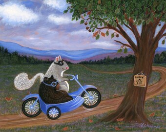 Funny Squirrel and Bear Motorcycle Art Print - Nursery Decor