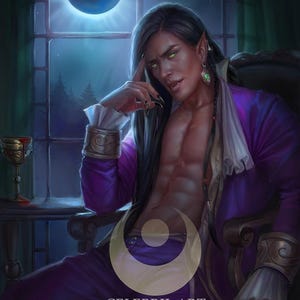 May include: A dark-skinned man with long black hair and green eyes sits in a chair, wearing a purple and white outfit. He has a serious expression and is holding a glass of red wine. The background is a dark room with a window showing a crescent moon and stars.