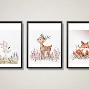 Juego de 3 pósteres infantiles: adorables impresiones de animales del bosque para la habitación de los niños, decoración de pared con conejos, ciervos y zorros, para sala de juegos.