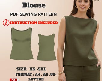 Boat Neck Linen Blouse Sewing Pattern: Sleeveless Top (XS–5XL) – PDF