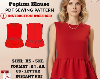 Patron de couture pour haut à basque : col bijou sans manches, fermeture éclair invisible (XS-5XL) – PDF