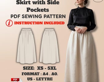 Maxi Skirt Sewing Pattern: Linen Gathered with Pockets (XS–5XL) – PDF
