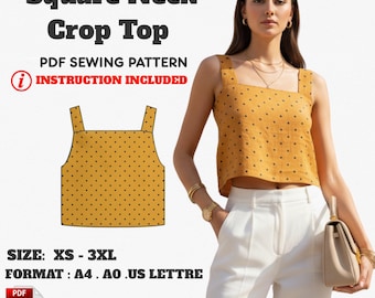 Crop Top mit viereckigem Ausschnitt Schnittmuster PDF: Damengrößen XS-XXXL (Digitaler Download)