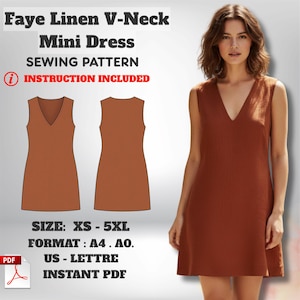 以下が含まれることがあります： 錆色のリネンVネックミニドレスを着た女性。画像には、「Faye Linen V-Neck Mini Dress Sewing Pattern」と「Instruction Included」というテキストが入った縫製パターンも表示されています。パターンはXS-5XLサイズで、A4、AO、US-Letter形式で利用できます。