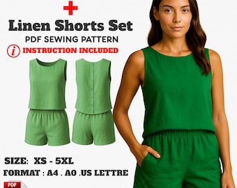 Modello di cucito per set di pantaloncini in lino in formato PDF: top con bottoni sul retro + pantaloncini a vita alta (XS–5XL)