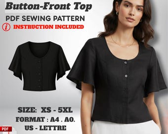Linen Flutter Sleeve Blouse Sewing Pattern: Button-Up Top (XS–5XL) – PDF