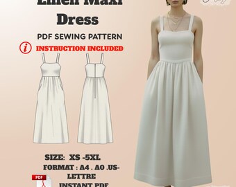 Linen Maxi Dress Pattern: Gathered Sundress PDF (XS-5XL / US 2-30)