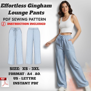May include: Light blue and white gingham lounge pants with a drawstring waist. The image also shows a PDF sewing pattern with the text "Effortless Gingham Lounge Pants" and "Instruction Included". Sizes XS-3XL are available.