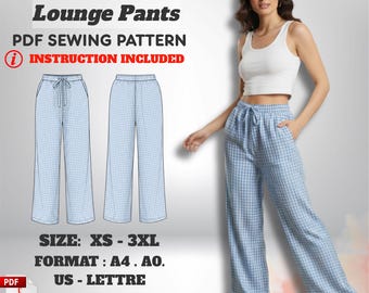 Lounge Hose mit weitem Bein Schnittmuster: Elastische Taille mit Kordelzug (XS–3XL) - PDF