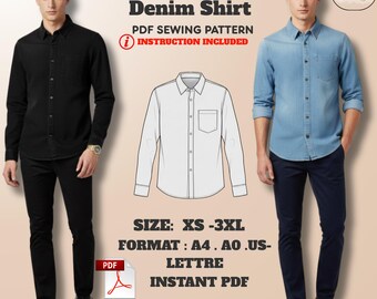 Men’s Classic Denim Shirt Sewing Pattern: Long Sleeve Button-Up Top (XS–3XL) – PDF.