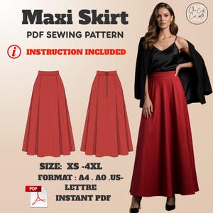 Può includere: Un modello di cucito per gonna lunga rossa con il testo "Maxi Skirt PDF Sewing Pattern" e "Instruction Included". Il modello include le taglie XS-4XL ed è disponibile nei formati A4, AO e US-Letter. Una donna indossa una gonna lunga rossa.