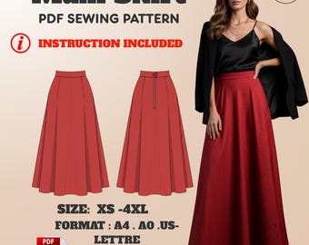 Maxi Skirt Sewing Pattern: Flared A-Line with Back Zipper (XS–4XL) – PDF