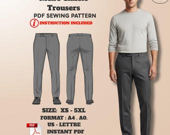 Men’s Classic Trousers Sewing Pattern: Pleated with Zip Fly (XS–5XL) – PDF