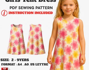Girls Tent Dress Sewing Pattern PDF – Sleeveless A-Line Summer Dress for Kids (2–9yrs)