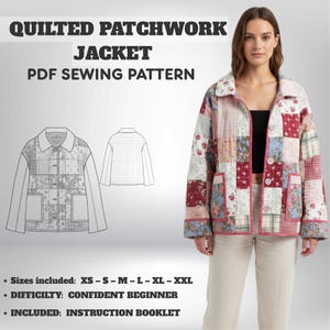 Wykrój na kurtkę pikowaną: patchworkowy płaszcz roboczy (XS–2XL) w formacie PDF.
