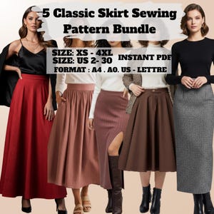 May include: Image of a sewing pattern bundle featuring five classic skirt designs. The text on the image reads "5 Classic Skirt Sewing Pattern Bundle" with sizing details: XS-4XL and US 2-30. The format is A4, AO, and US-Lettre.