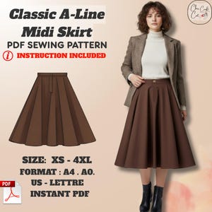 Op de afbeelding: Een bruine A-lijn midi-rok, gepresenteerd als een PDF-naaipatroon. De afbeelding toont een schets van de rok en een vrouw die hem draagt. Tekst omvat "Classic A-Line Midi Skirt PDF Sewing Pattern" en "Instruction Included". Maten XS-4XL.