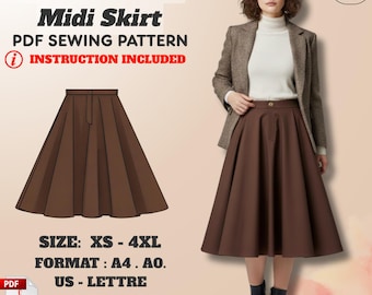 A-Line Midi Skirt Sewing Pattern: High Waist (XS–4XL) – PDF