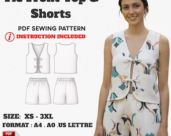 Tie Front Top & Shorts Sewing Pattern – Women’s 2-Piece Summer Set (XS–XXXL) PDF.