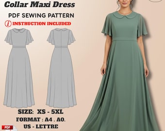 Peter Pan Collar Dress Pattern: Flutter Sleeve Maxi (XS–5XL) – PDF