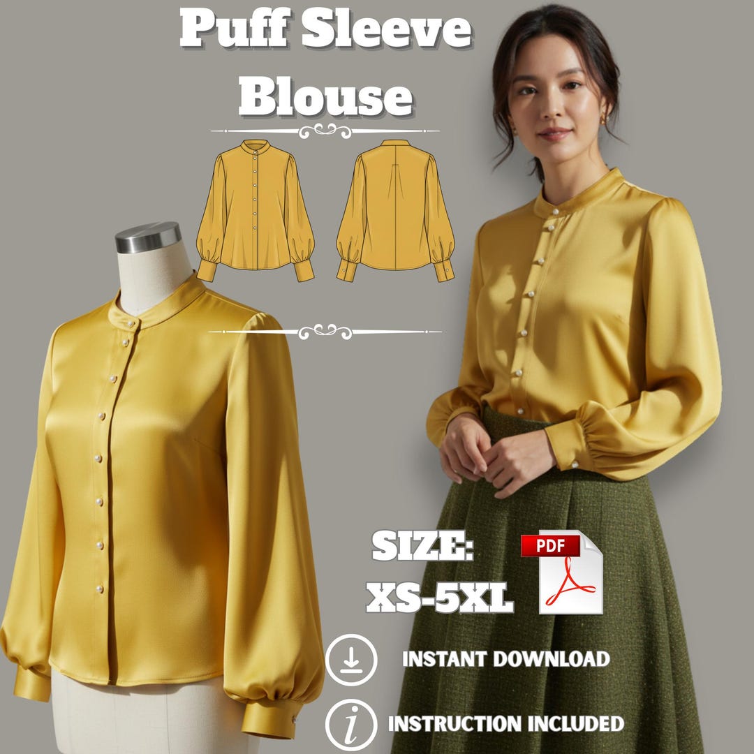 Puff Sleeve Blouse Pattern: High Neck Button-down Top (XS–5XL) – PDF ...