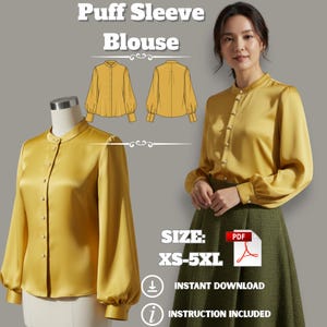 以下が含まれることがあります： マスタードイエローのパフスリーブブラウス。マンダリンカラーとボタンダウンフロントが特徴です。画像には、ブラウスを着たマネキン、ブラウスを着た女性、ブラウスの線画が含まれています。画像には「Puff Sleeve Blouse」、「SIZE: XS-5XL」、「INSTANT DOWNLOAD」、「INSTRUCTION INCLUDED」と書かれています。